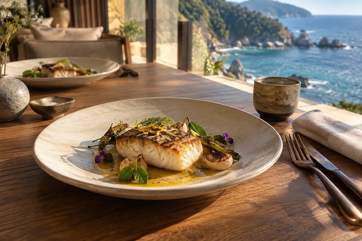 海を望む食卓に並ぶ、魚と季節の野菜のひと皿